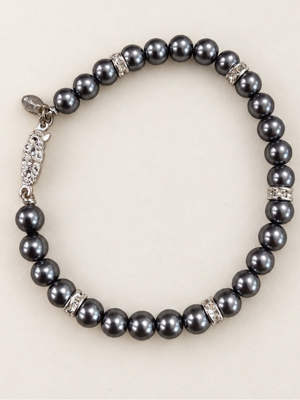 Monet Gray Faux Pearl Rhinestone Bracelet Silver Tone 7.5”